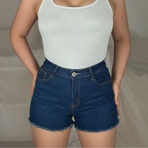 High-Waisted Dark Wash Denim Shorts | Frayed Hem Stretch Jean Shorts